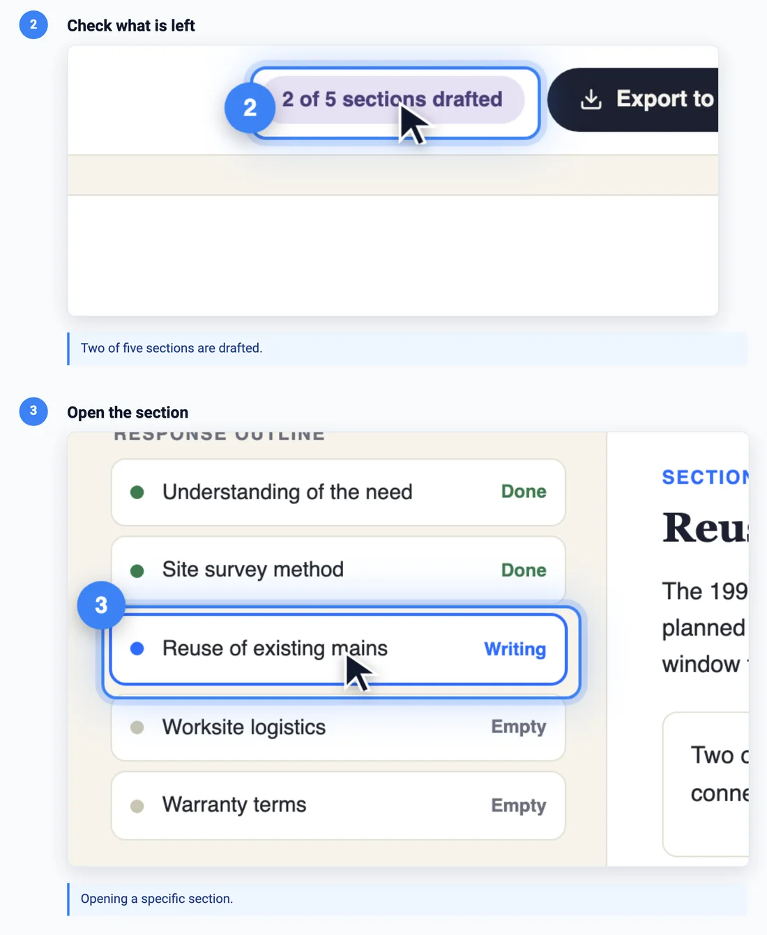 Steps 2 and 3 of a generated help guide: "Check what is left", with the drafted-sections badge highlighted, and "Open the section", with the outline item highlighted, each followed by its caption