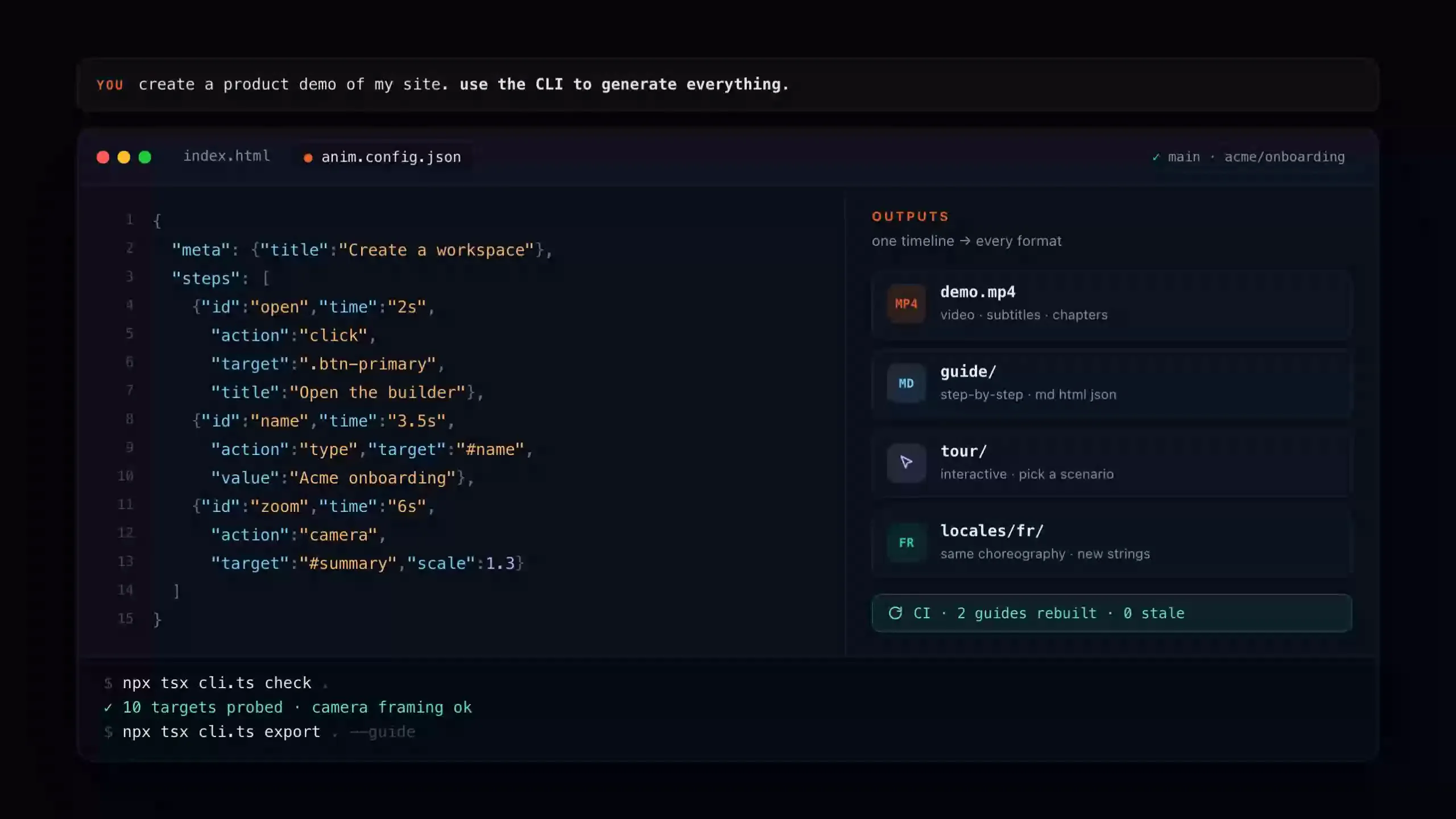 The reel's payoff frame: the prompt that started it, the Vistaro timeline and the artifacts it compiled